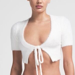 NWT SKIMS Women’s White Fuzzy Knits Tie Front Crop Top Size Large